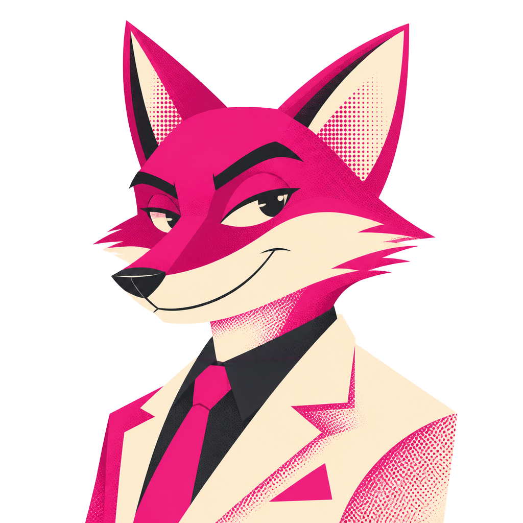 Edge, the FoxEdge magenta fox, in a suit and looking sly