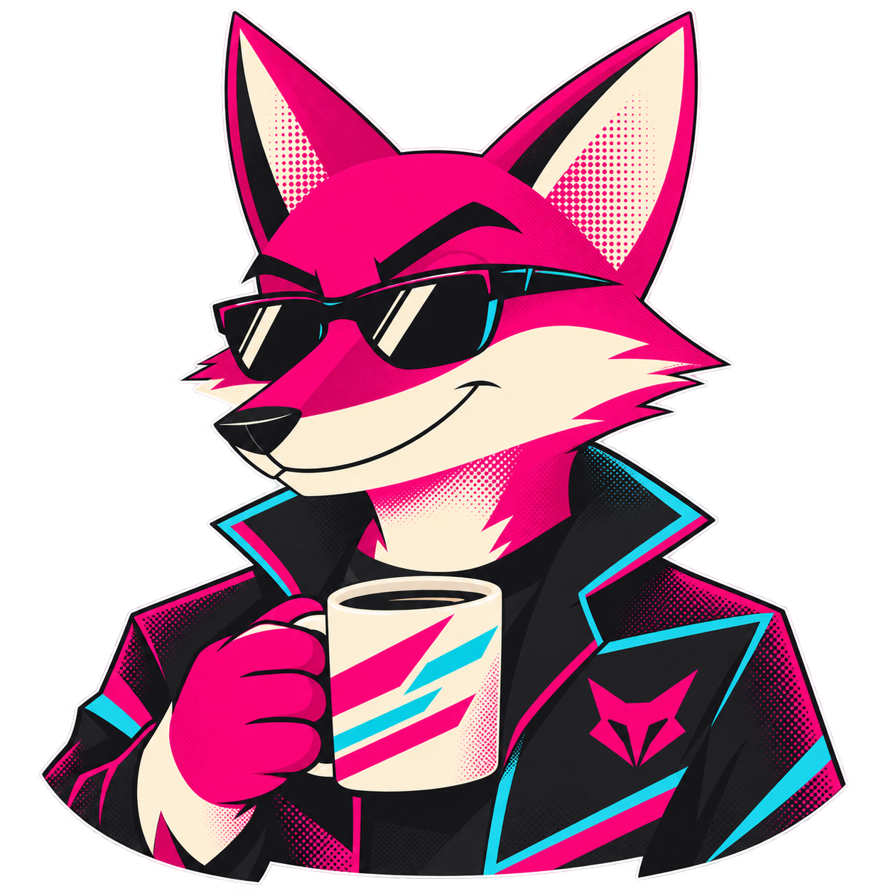 Edge, the FoxEdge fox in sunglasses holding a coffee mug